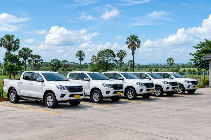 Fila de camionetas de una flota empresarial estacionadas