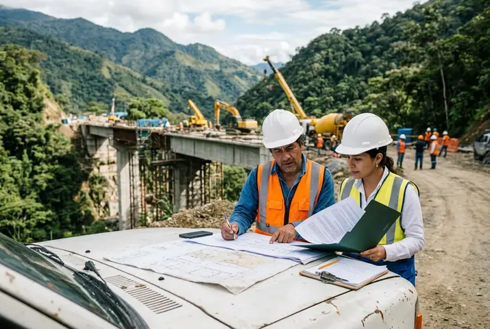 Equipo de ingenieros revisando planos en una obra