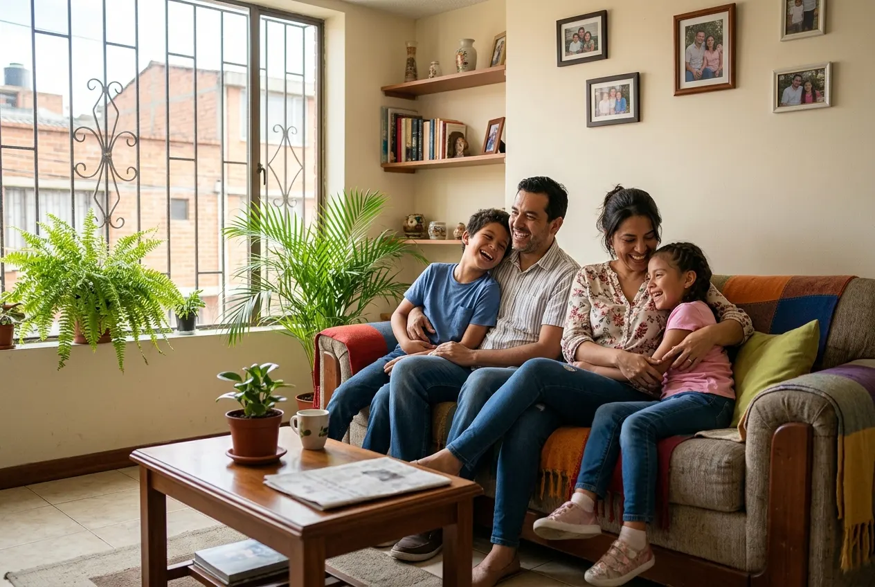 Familia descansando en la sala de su casa