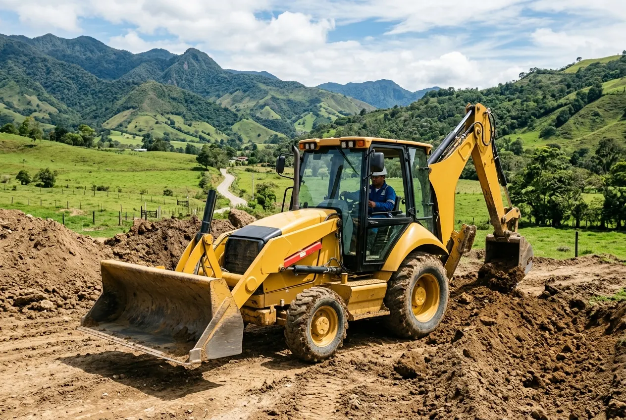 Retroexcavadora trabajando en el campo