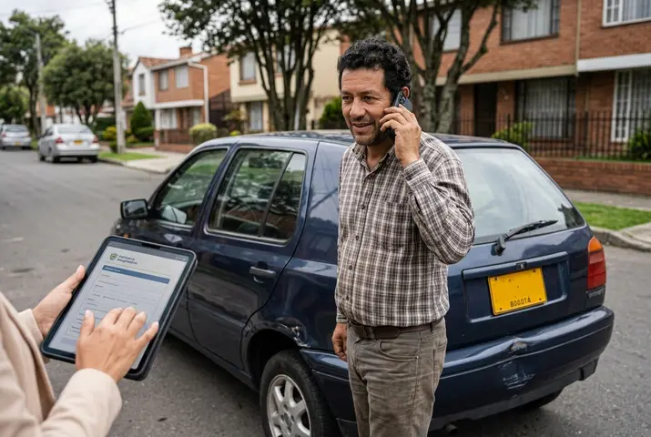 Cliente hablando con su asesor junto a su carro después de un choque