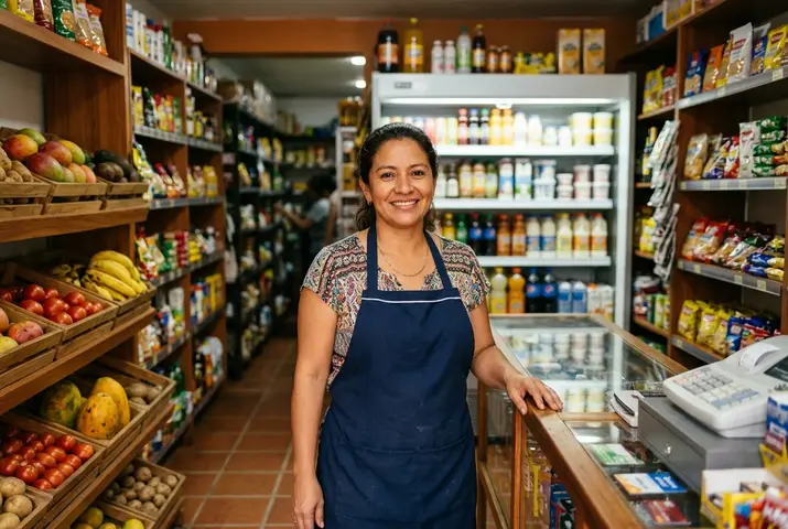 Comerciante sonriendo con los brazos cruzados en su tienda