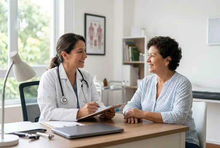 Médico atendiendo a una madre y su hijo en el consultorio