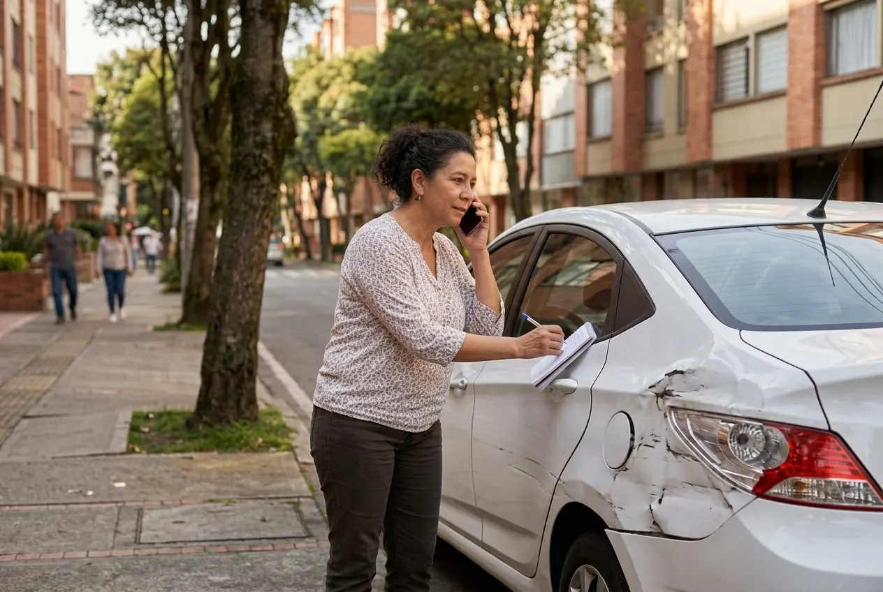 Clienta reportando por celular el choque de su carro