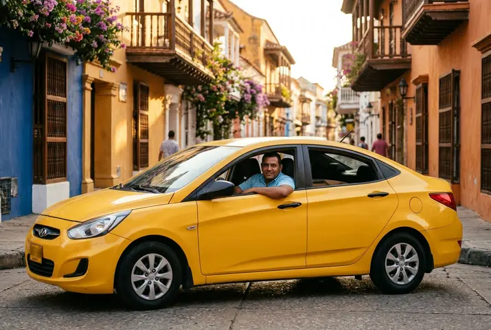 Conductor sonriendo al volante de su taxi amarillo