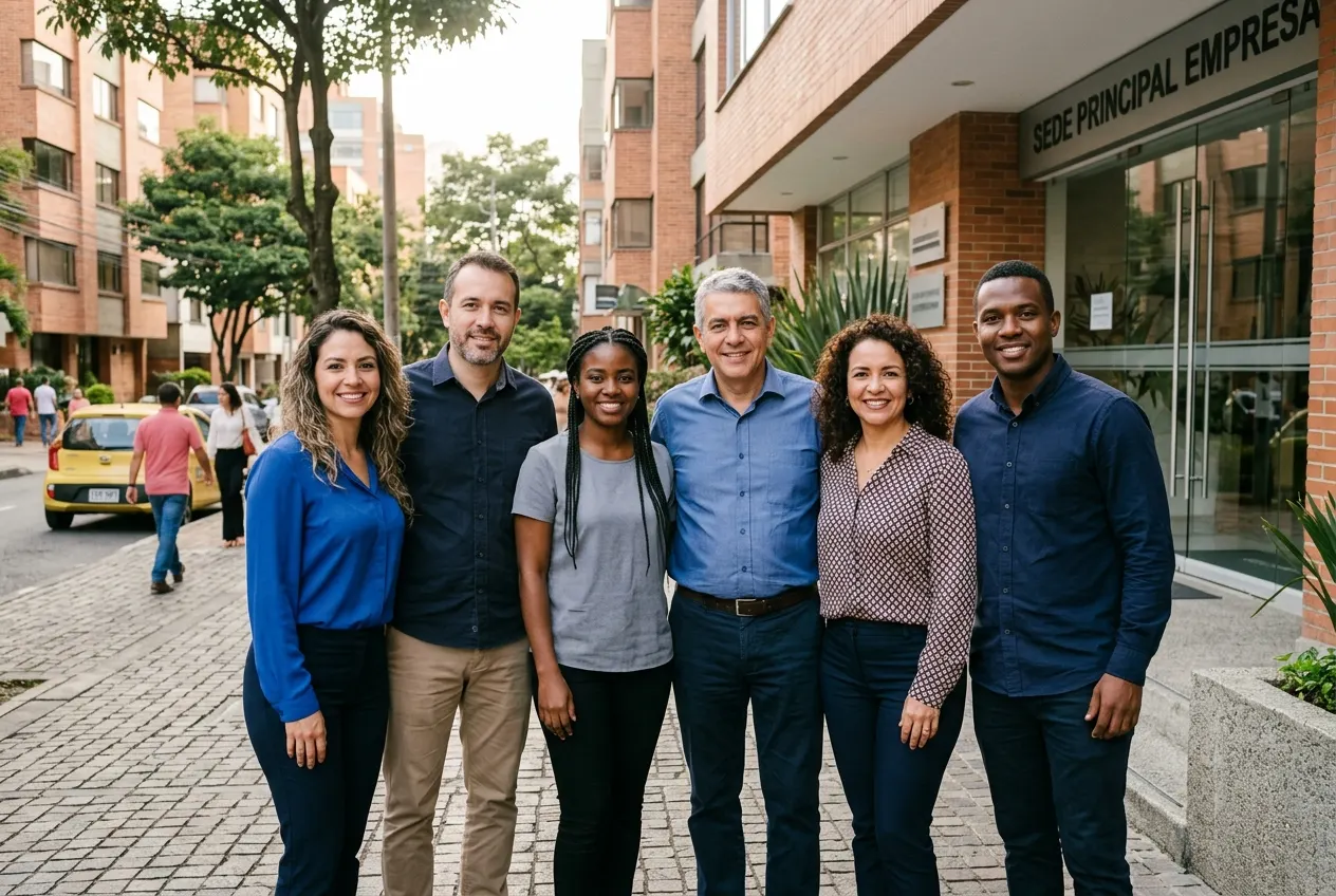 Equipo de trabajo frente a su empresa