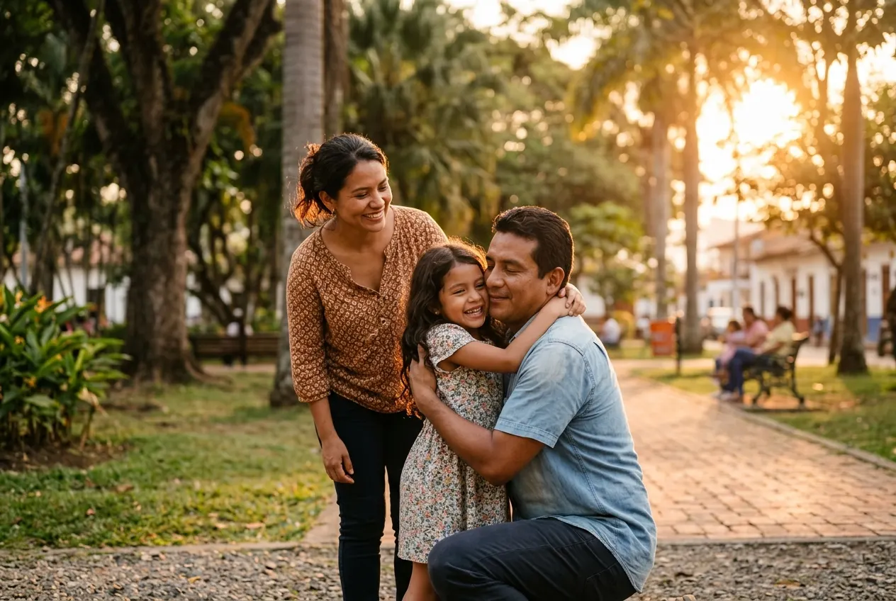 Familia abrazada en un parque al atardecer